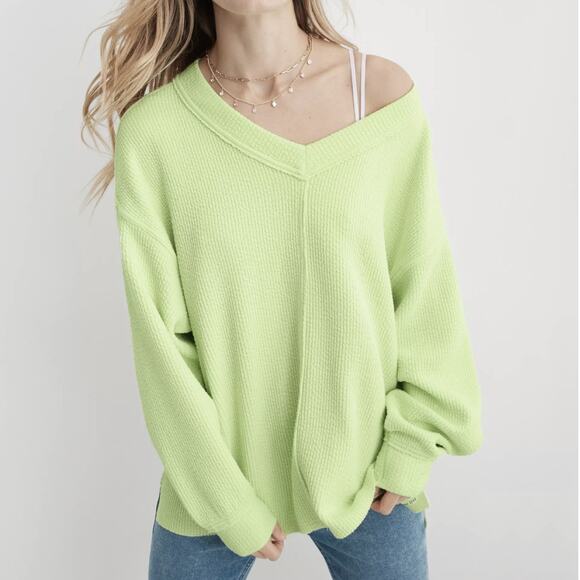 Aerie Wonder Textured Sweatshirt Womens Large Pistachio Green V-Neck *FLAW - Picture 1 of 12